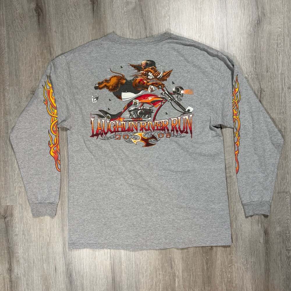 Vintage 2008 Laughlin River Run Long Flame Sleeve Motorcycle T-Shirt Biker Y2K - Picture 2 of 8